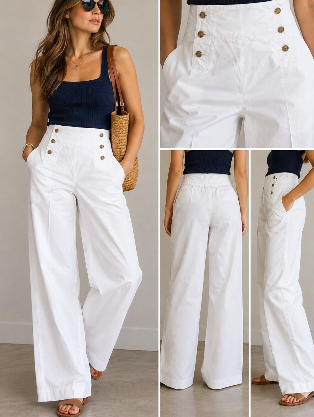 Ralph Lauren White High-Waist Wide-Leg Sailor Pants with Brass Buttons